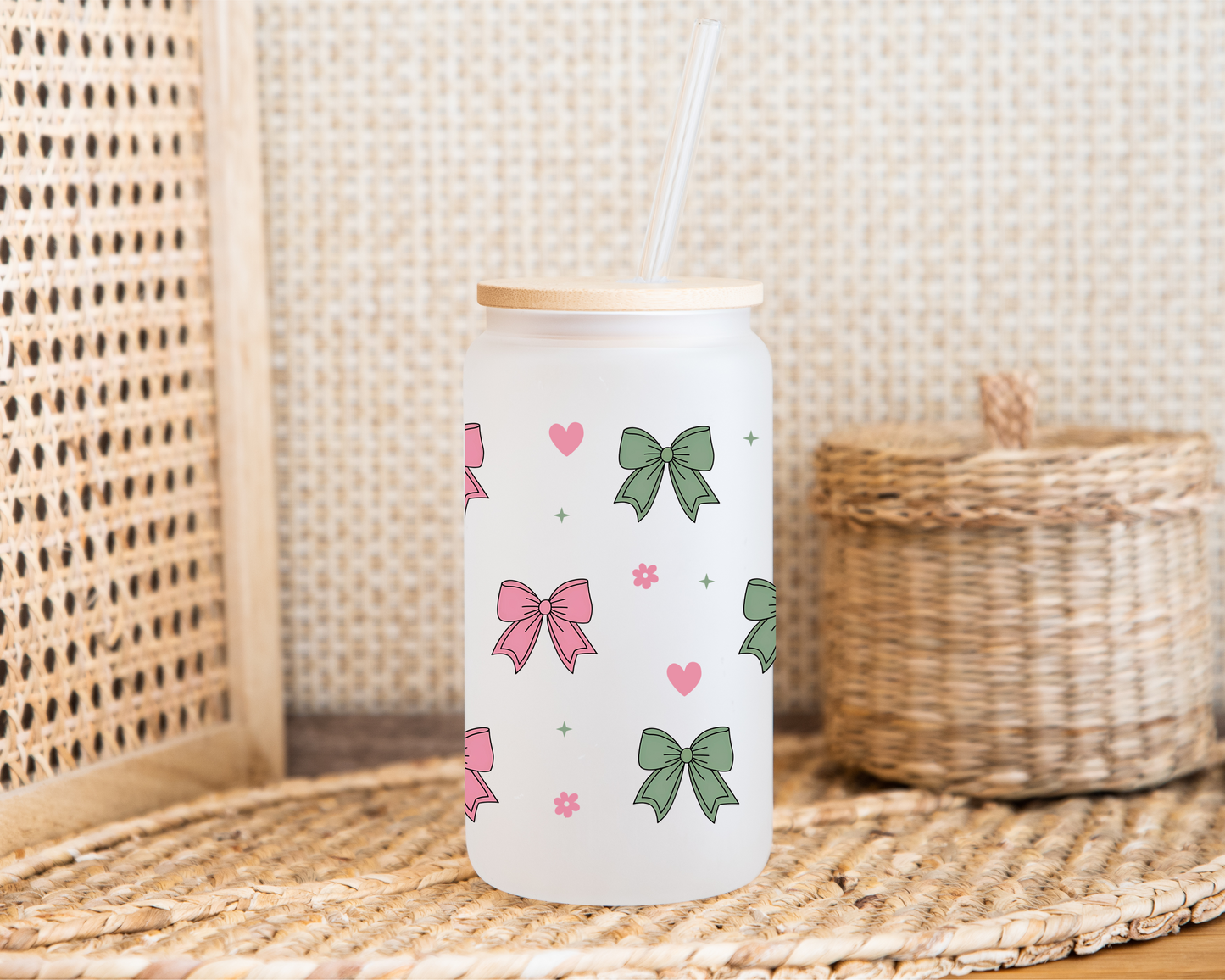 Pink & Green Bows Glass Can