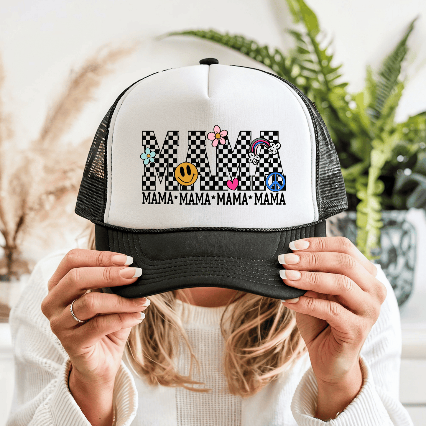 Retro Checkerboard Mama Trucker Hat